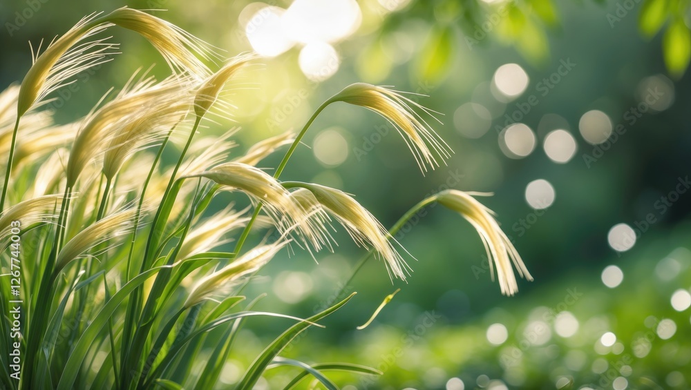 Poster close-up of golden grass with soft sunlight and bokeh background in a natural outdoor setting provid