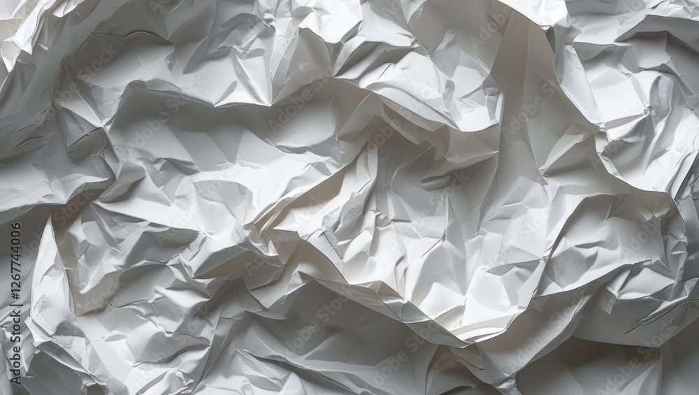 Poster crumpled white paper texture background with intricate folds and shadows suitable for art and design