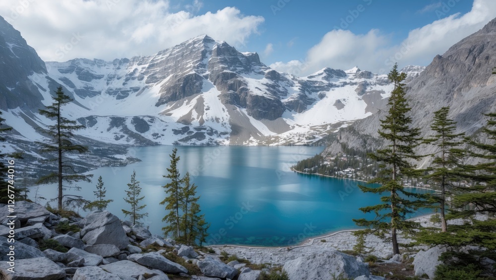 Poster snow-capped mountains reflected in turquoise lake surrounded by lush trees under a partly cloudy sky