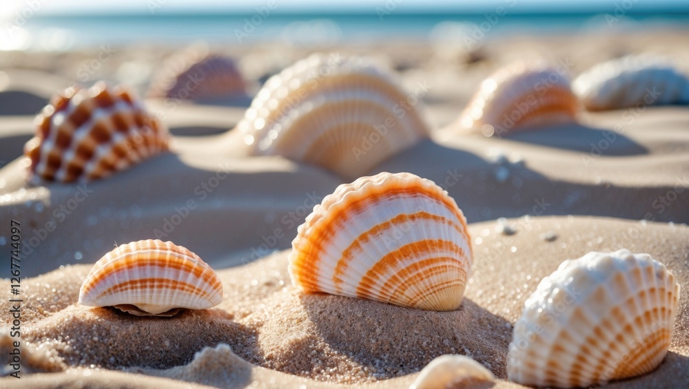 Poster colorful seashells on sandy beach with shallow depth of field and blurred ocean background copy spac
