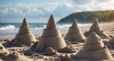 Sandcastles on a beach with ocean waves in the background under a cloudy sky showcasing a summer scene with Copy Space