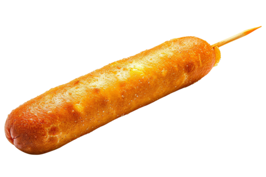 Fun and flavorful corn dog with a crunchy outer layer and juicy inner filling isolated on transparent background