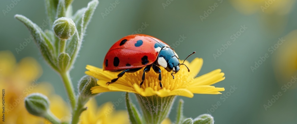 Poster ladybug on a yellow flower with green foliage in soft focus background providing ample copy space fo