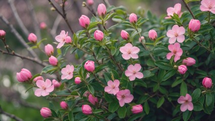 Obraz premium Pink flowers blooming on a green shrub with budding blossoms and foliage, soft focus background, natural garden setting, Copy Space
