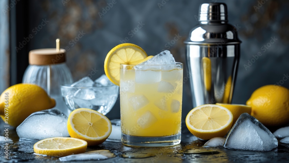 Aufkleber refreshing lemon cocktail with ice cubes and fresh lemon slices on a dark textured background with a