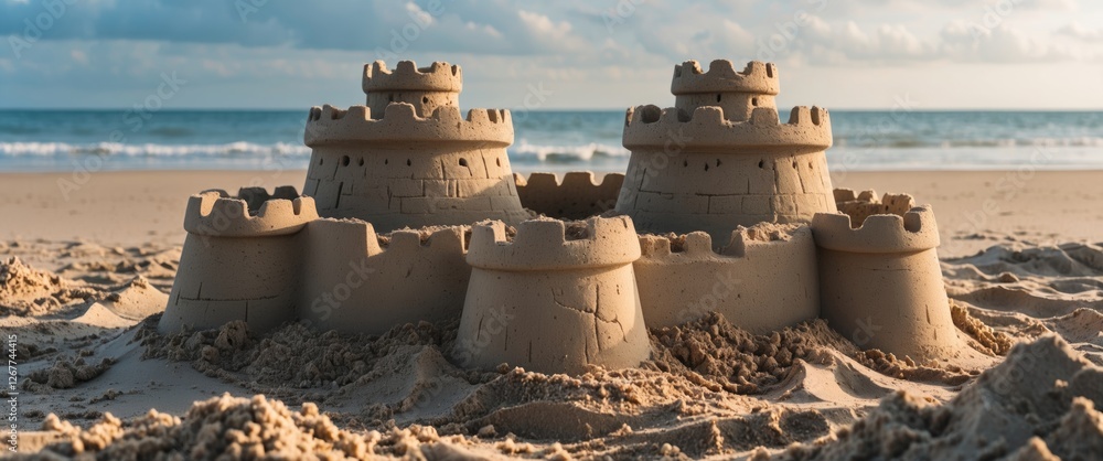 Poster sandcastle on a beach with ocean in background during daytime with soft clouds and sunlight copy spa