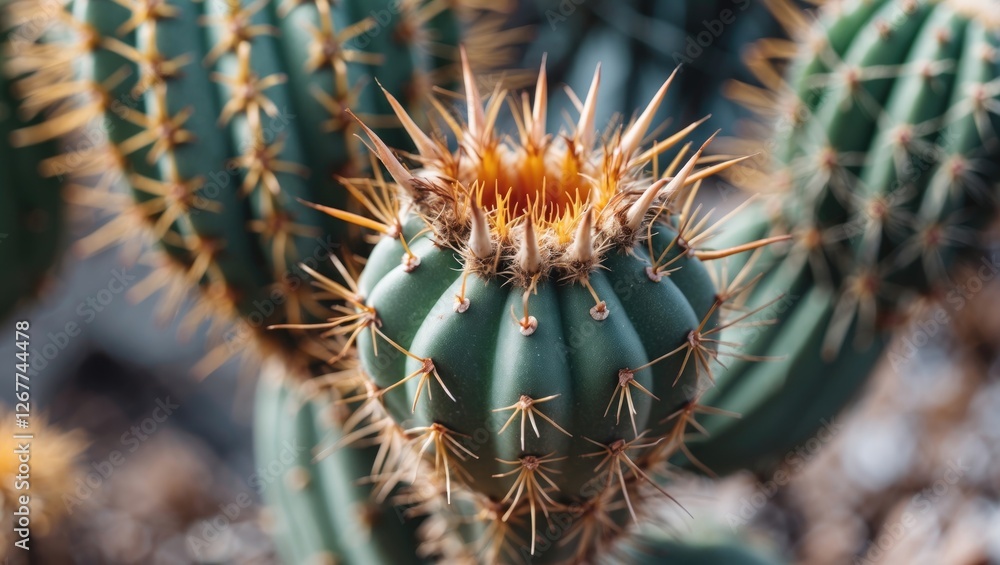 Poster close-up of a cacti with sharp spines and vibrant yellow flowers in a natural setting, featuring cop