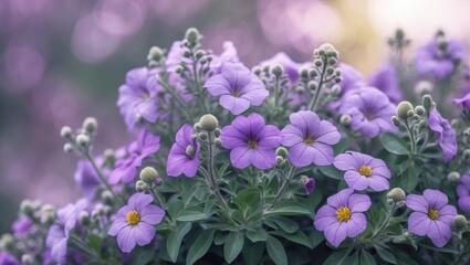 Fototapeta premium Vibrant cluster of purple flowers with soft bokeh background displaying nature's beauty and floral details Copy Space