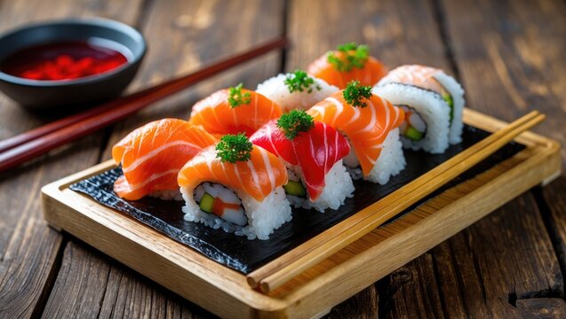 Fresh sushi rolls assortment with salmon and vegetables served on wooden board with chopsticks and soy sauce on rustic table Copy Space - Powered by Adobe