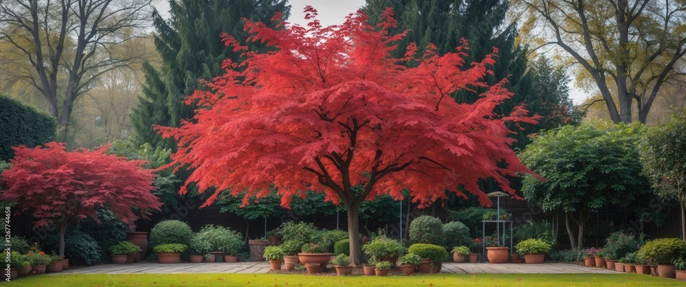 Poster vibrant red maple tree surrounded by lush greenery and potted plants in a well-maintained garden set