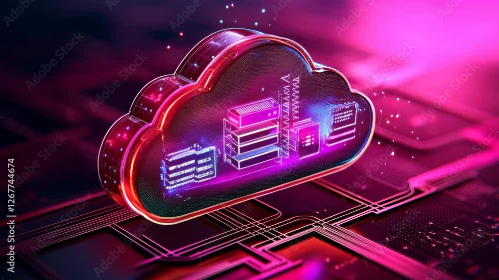 Poster glowing cloud icon with digital data symbols and technology elements represents cloud computing tech