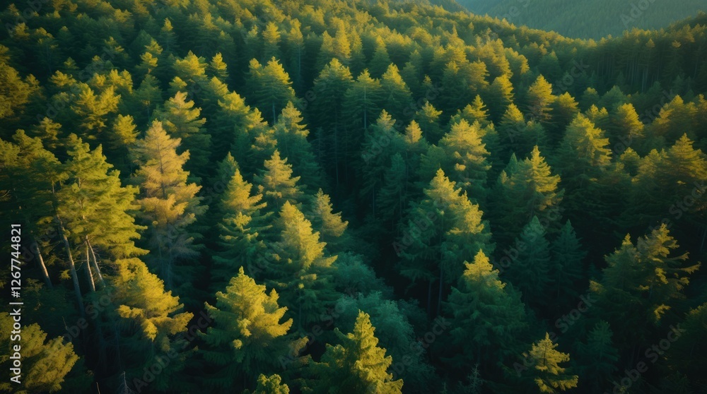 Poster aerial view of dense evergreen forest with sunlight filtering through treetops creating a textured g