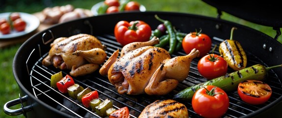 Grilled chicken and vegetables on barbecue grill with fresh tomatoes and peppers in outdoor setting Copy Space