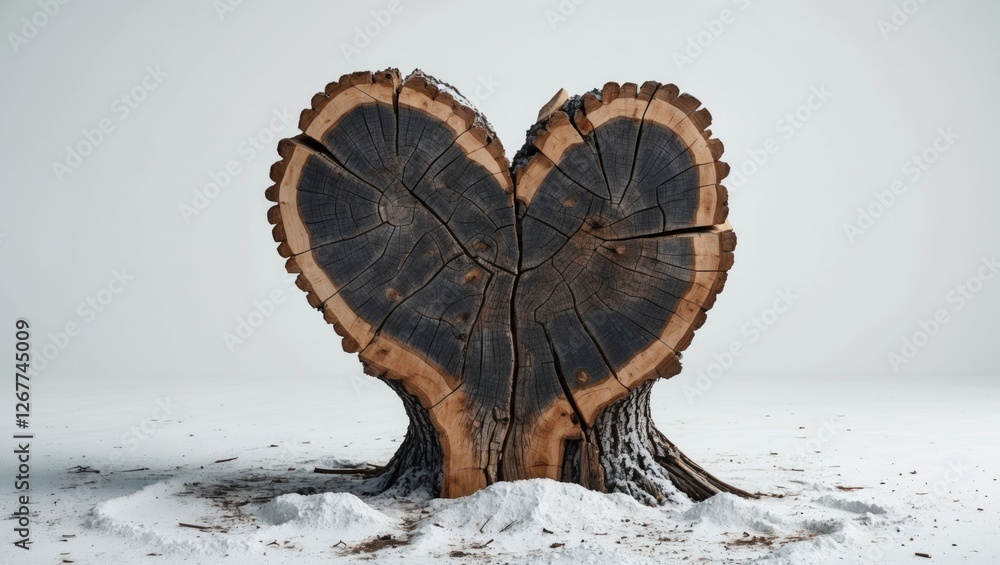 Poster heart-shaped wood slice with visible texture and cracks on a snowy ground against a light background