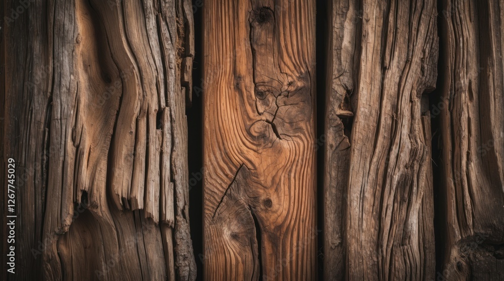 Poster close-up view of weathered wooden planks with detailed textures and grain patterns for background or