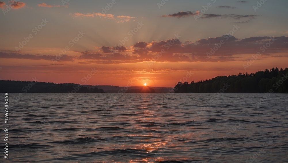 Poster sunset over calm waters with reflection and rays of sunlight breaking through clouds, surrounded by 