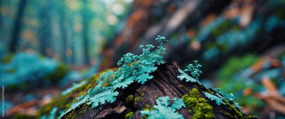 Poster moss and lichen on a tree stump in a lush green forest with soft focus background and natural light 