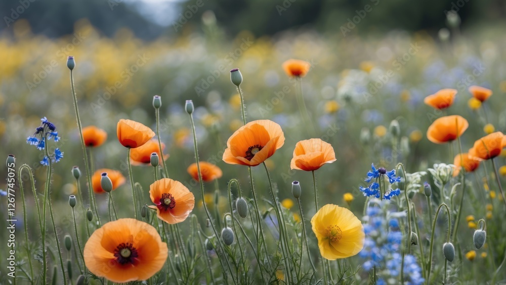 Poster field of vibrant orange poppies with wildflowers in the background and soft focus effect providing a