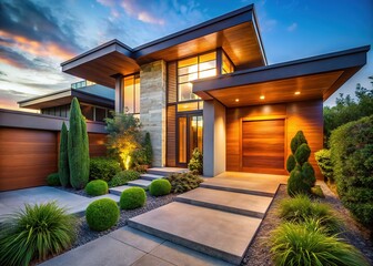 Fototapeta premium Evening light on a modern home, framed by a wooden door and a lush garden.
