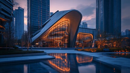 Obraz premium iconic high-rise tower overlooking cityscape with a spectacular twilight glow