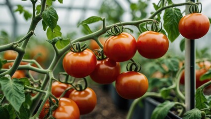 Ripe red tomatoes growing on a vine in a greenhouse with blurred background and green foliage Copy Space
