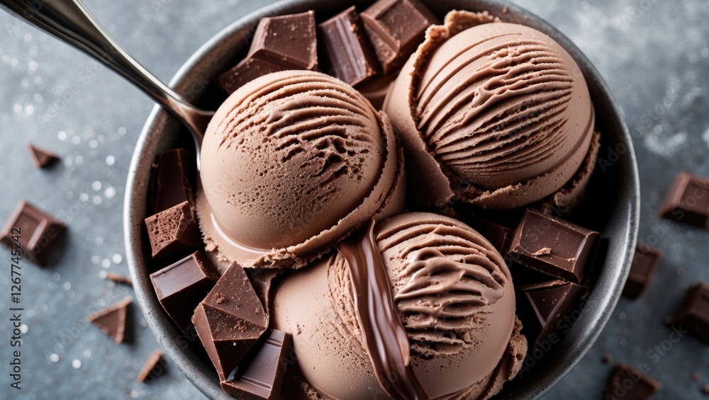 Poster chocolate ice cream scoops in a bowl with chocolate chunks and a spoon on a textured gray background