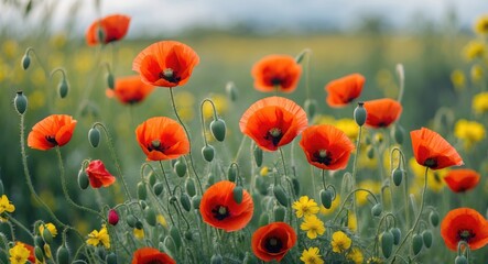 Fototapeta premium Field of vibrant red poppies and yellow wildflowers in a natural landscape with blurred background illustrating nature's beauty and diversity