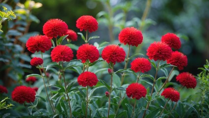 Vibrant red pom-pom flowers in a lush green garden setting with soft natural lighting and copy space for text placement.