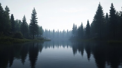 Misty lake reflecting pine forest, tranquil scene, nature background, ideal for travel websites