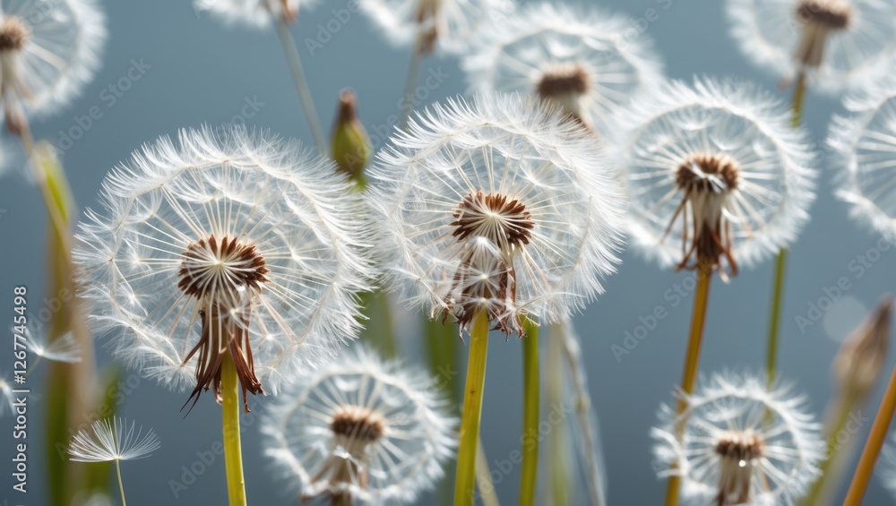 Poster close-up of dandelion seed heads against a blurred background with copy space for text