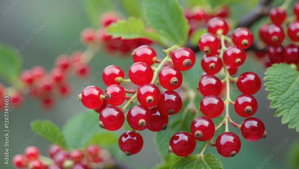 Poster red currant berries on green foliage in a natural setting with blurred background and ample copy spa