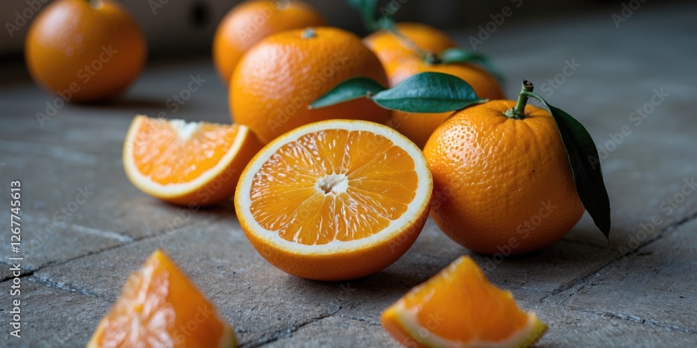 Poster fresh oranges with one cut in half and slices on a textured surface with leaves in the background an