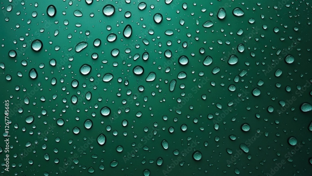 Poster close-up of water droplets on a green surface with soft focus and smooth texture copy space