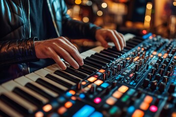 Musician playing synthesizer keyboard in recording studio
