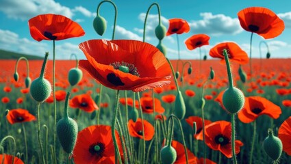 Fototapeta premium Vibrant field of red poppies under blue sky with fluffy clouds showcasing nature's beauty and freshness with Copy Space