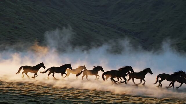  capturing a majestic herd of wild horses moving gracefully through a mist-covered valley at dawn. 