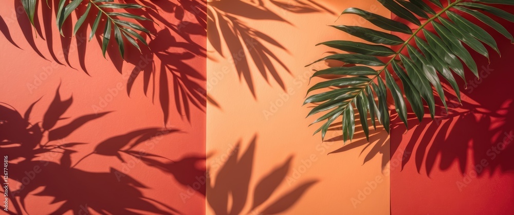 Poster tropical palm leaves casting shadows on a gradient orange background with ample copy space for overl