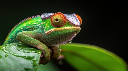 Obraz premium Vibrant Chameleon on Wet Leaf in Lush Jungle Background