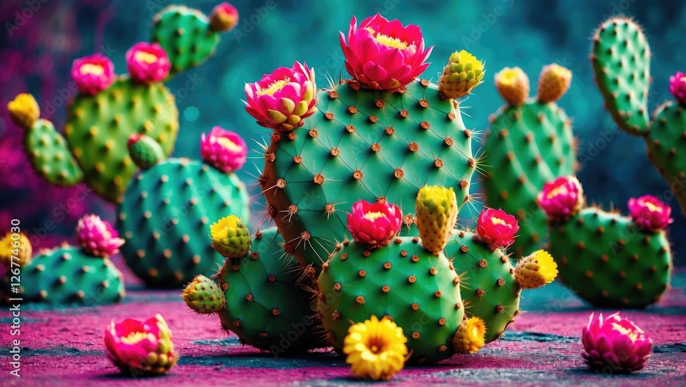 Poster vibrant colorful cacti with blooming flowers in a surreal environment with a soft blurred background