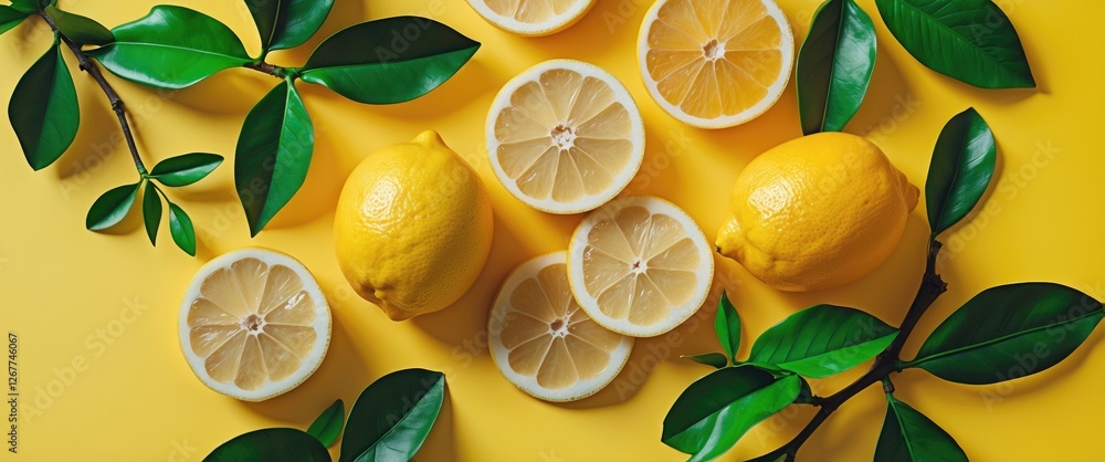 Poster fresh lemons and lemon slices arranged on a vibrant yellow background with green leaves creating a c