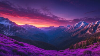 Obraz premium Majestic purple mountain landscape at sunset with vibrant skies and valley view Copy Space