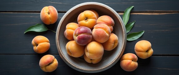 Fresh ripe apricots arranged in a bowl with green leaves on a dark wooden table Copy Space