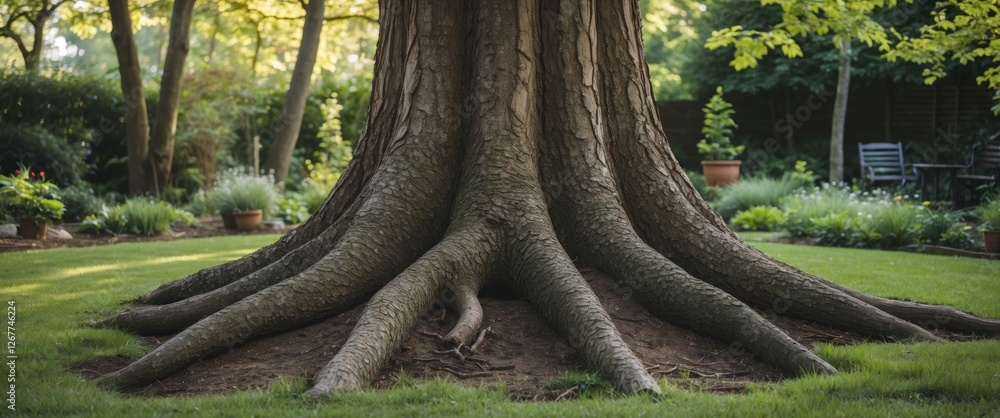 Poster large tree trunk with exposed roots in a well-kept garden setting featuring lush greenery and potted