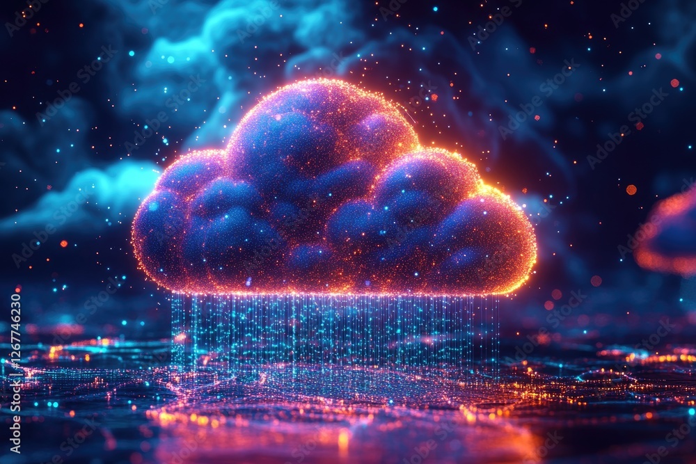 Leinwandbilder cloud computing data raining on futuristic city network visualization