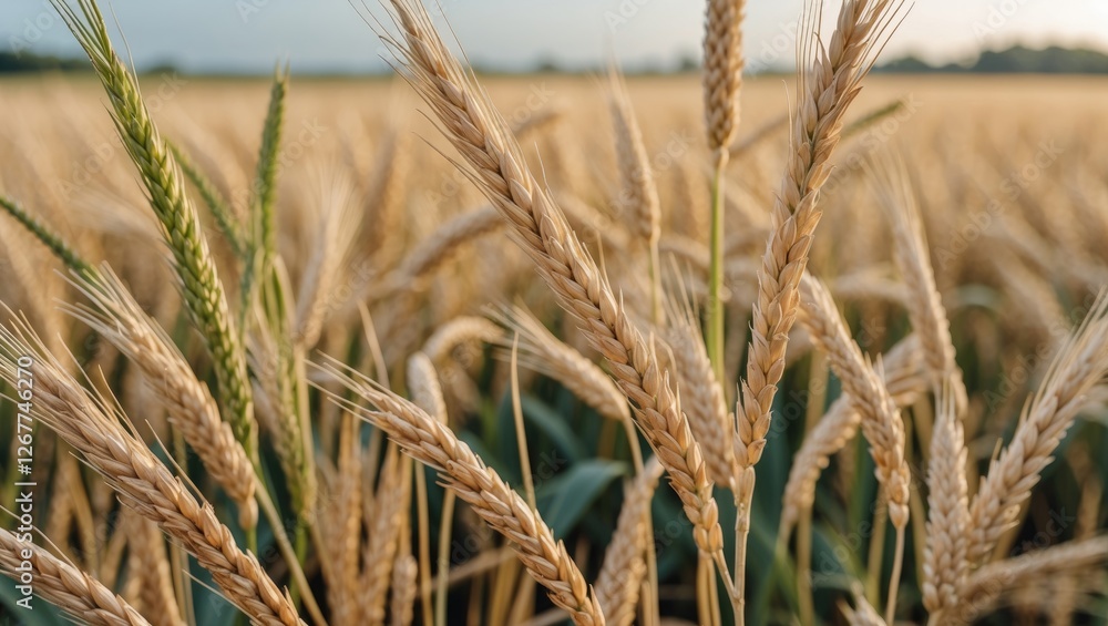 Poster close-up of ripe wheat ears in a golden field under soft sunlight with green elements in the backgro