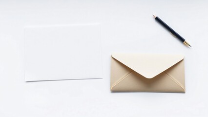 Blank White and Beige Envelopes with Pencil on White Background - Stationery Mockup