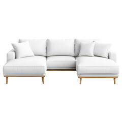 Fototapeta premium White L-shaped sectional sofa with light wood legs and white pillows.
