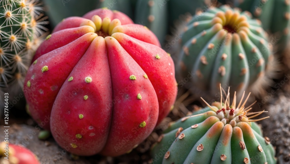 Poster colorful cacti showing red and green varieties in a desert environment with distinct textures and sh