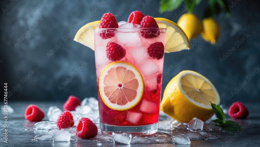 Poster refreshing raspberry lemonade with ice cubes and lemon slices on a dark background, vibrant colors a