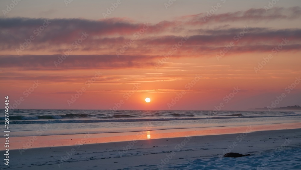 Aufkleber sunset over a calm beach with waves lapping at the shore and colorful clouds reflecting the evening 